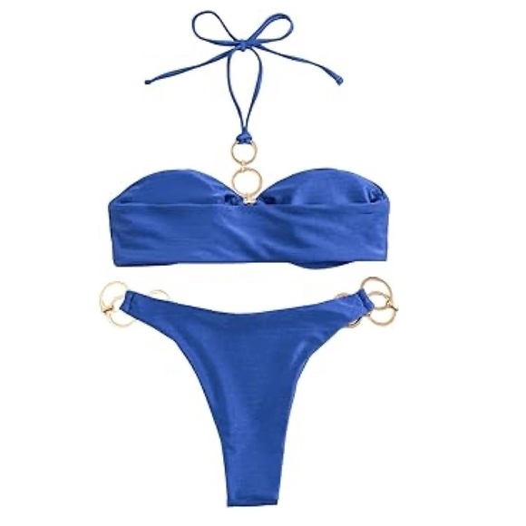 Women’s Royal Blue Bandeau Halter Gold Chain Accents 2 Piece size Medium - Picture 2 of 9